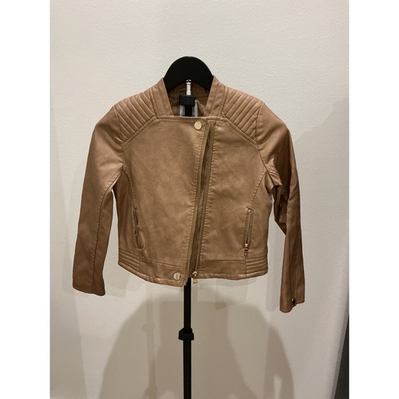 Mayoral Other - Mayoral Kids Tan Faux Leather Moto Biker Jacket Size 10 Quilted Shoulder Zip